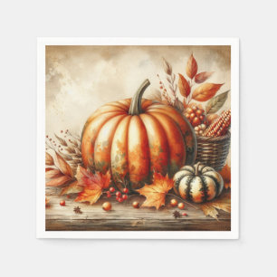 Vintage watercolor of pumpkins and fall leaves napkins