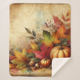 Vintage watercolor of pumpkins and fall leaves sherpa blanket