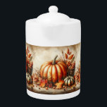 Vintage watercolor of pumpkins and fall leaves teapot<br><div class="desc">Vintage watercolor of pumpkins and fall leaves
Vintage watercolor painting of fall pumpkins among fall leaves on a vintage background.</div>