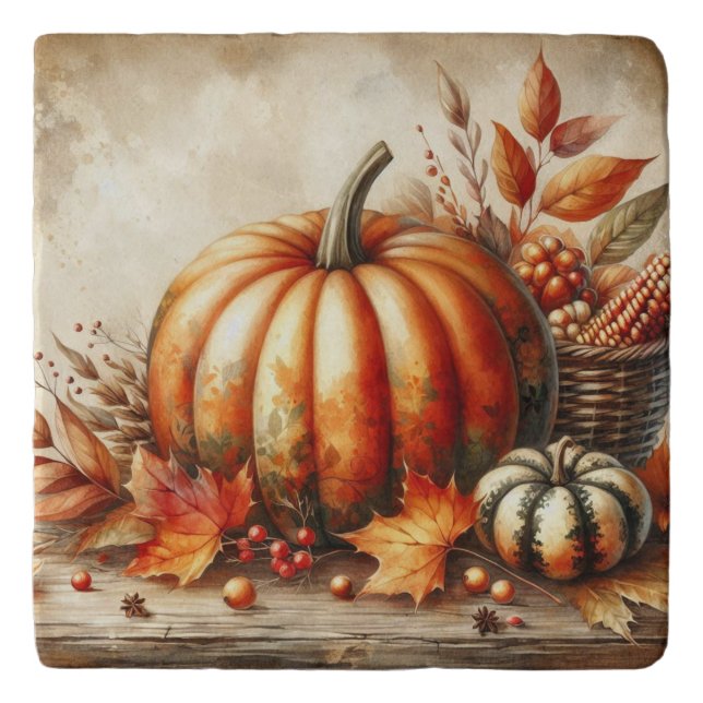 Vintage watercolor of pumpkins and fall leaves trivet (Front)