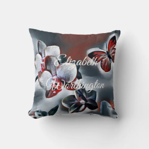 Vintage Watercolor of White Red Grey Orchid Flower Throw Pillow