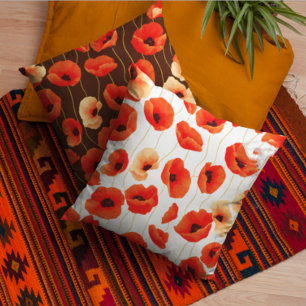 Vintage Watercolor Orange Poppies flowers white Throw Pillow