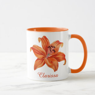 Vintage Watercolor Orange & Red Lily Monogram Name Mug