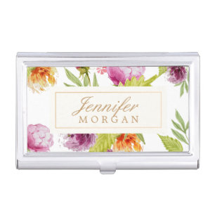Vintage Watercolor Painted Flowers Monogram Name Business Card Holder
