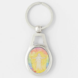 vintage watercolor painting angel and rainbow keychain