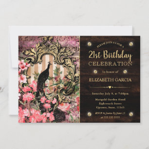 Vintage Watercolor Peacock and Flowers Birthday Invitation