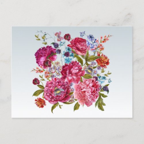 Vintage Watercolor Peony Flowers and Wildflowers Postcard