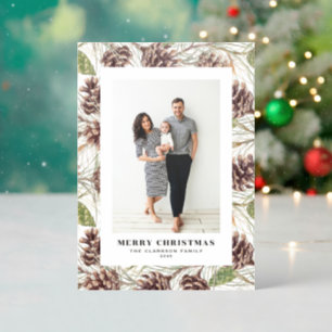 Vintage Watercolor Pine Cones Merry Christmas Letterpress Photo Cards