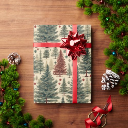 Vintage Watercolor Pine Green Tree Christmas Wrapping Paper