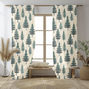 Vintage Watercolor Pine Tree Christmas Pattern Sheer Curtains