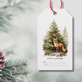 vintage watercolor pine tree fox christmas gift tags