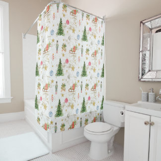 Vintage Watercolor Pine Tree Nutcracker Christmas Shower Curtain