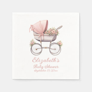 Vintage Watercolor Pink Baby Carriage Personalized Napkins