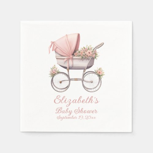 Vintage Watercolor Pink Baby Carriage Personalized Napkins