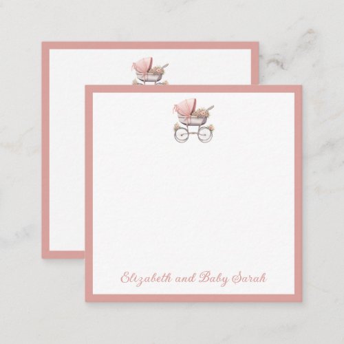 Vintage Watercolor Pink Baby Carriage Personalized Note Card