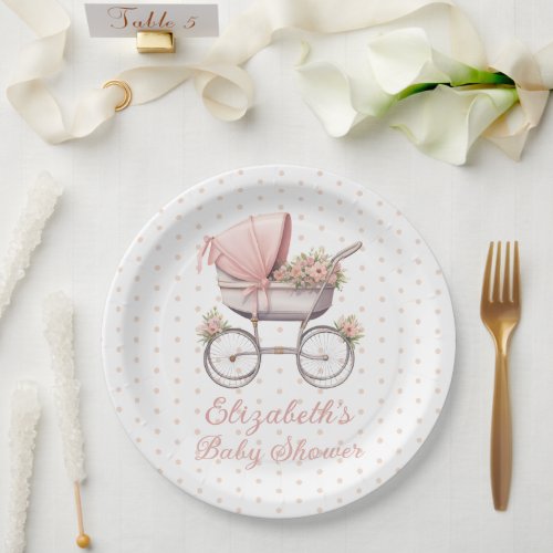 Vintage Watercolor Pink Baby Carriage Personalized Paper Plates