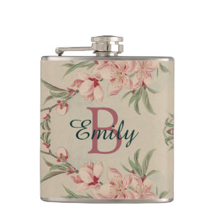 Vintage Watercolor Pink Floral Hip Flask