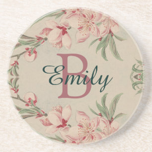 Vintage Watercolor Pink Floral Personalised Coaster