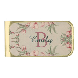 Vintage Watercolor Pink Floral Personalised Gold Finish Money Clip