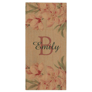 Vintage Watercolor Pink Floral Personalised Wood Flash Drive