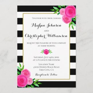 Vintage Watercolor Pink Floral Stripes Wedding Invitation