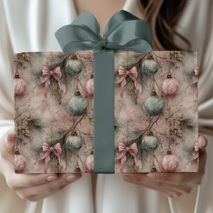 Vintage Watercolor Pink & Green Bauble Christmas Wrapping Paper