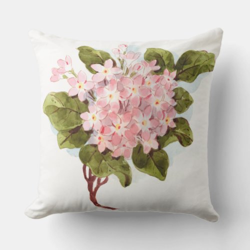 Vintage Watercolor Pink Hydrangea Outdoor Pillow