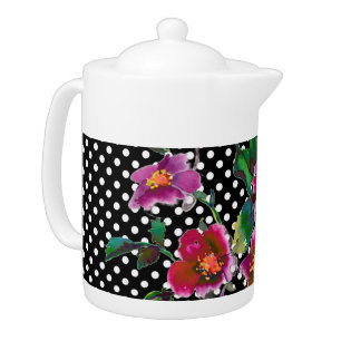 Vintage watercolor pink magenta Roses polkadots Teapot
