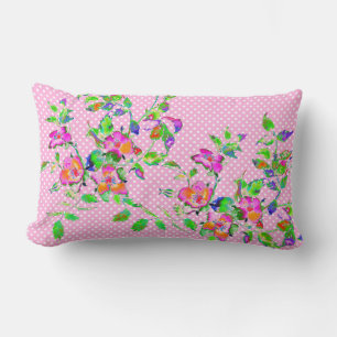 Vintage watercolor Pink orange roses polkadots Lumbar Pillow