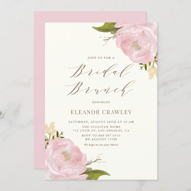 Vintage Watercolor Pink Peonies Bridal Brunch Invitation (Front/Back)