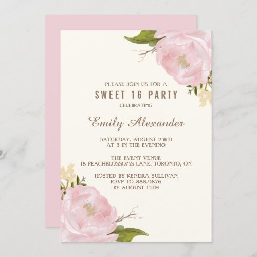 Vintage Watercolor Pink Peonies Sweet Sixteen Invitation