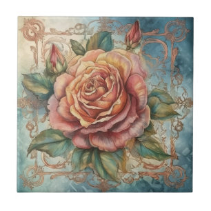 Vintage Watercolor Pink Rose with Decorative Frame Ceramic Tile