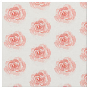 Vintage Watercolor Pink Roses on White Fabric