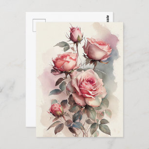 Vintage Watercolor Pink Roses Postcard