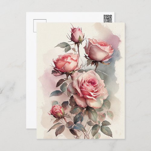 Vintage Watercolor Pink Roses  Postcard