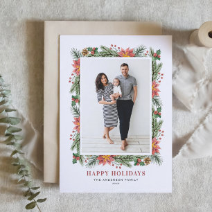 Vintage Watercolor Poinsettia and Greenery Photo Holiday Card