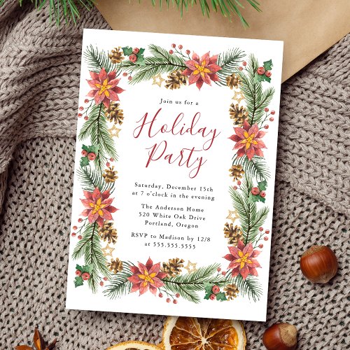 Vintage Watercolor Poinsettia Holiday Party Invitation