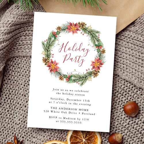 Vintage Watercolor Poinsettia Wreath Holiday Party Invitation