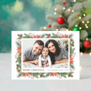 Vintage Watercolor Poinsettias Frame Christmas Letterpress Photo Cards