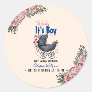 Vintage watercolor pram it's boy baby shower4 classic round sticker
