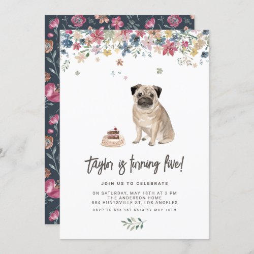 Vintage Watercolor Pug Dog Birthday Party Invitation