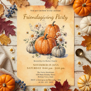 Vintage Watercolor Pumpkin Floral Friendsgiving Invitation
