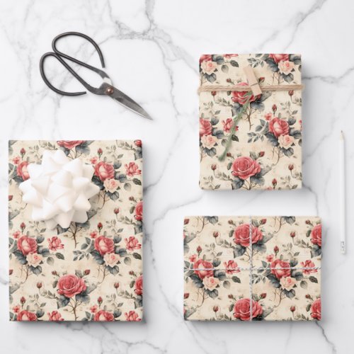 Vintage watercolor red and white French roses Wrapping Paper Sheets