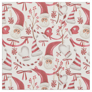 Vintage Watercolor Red and White Santa Christmas Fabric