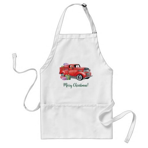 Vintage Watercolor Red Christmas Holiday Truck  Adult Apron