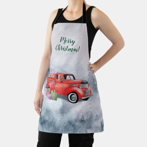 Vintage Watercolor Red Christmas Holiday Truck Apron