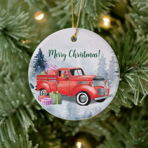 Vintage Watercolor Red Christmas Holiday Truck Ceramic Ornament