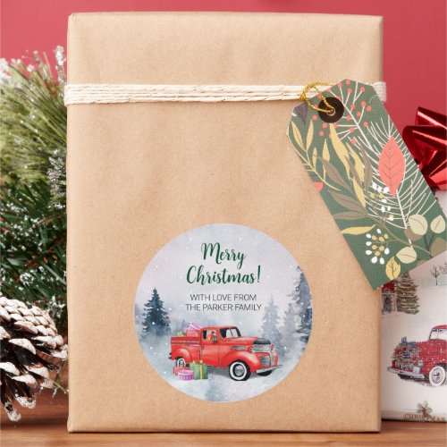 Vintage Watercolor Red Christmas Holiday Truck Classic Round Sticker