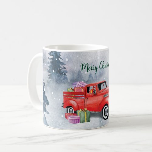 Vintage Watercolor Red Christmas Holiday Truck Coffee Mug