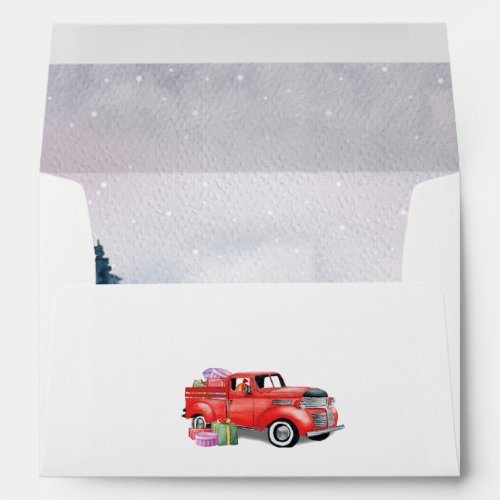 Vintage Watercolor Red Christmas Holiday Truck Envelope